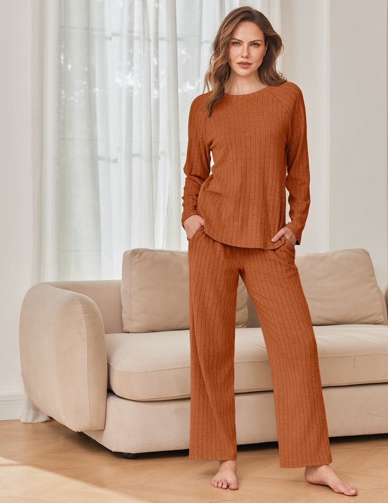 Burnt orange ribbed long-sleeve crew neck lounge set with high-low split hem top and pants