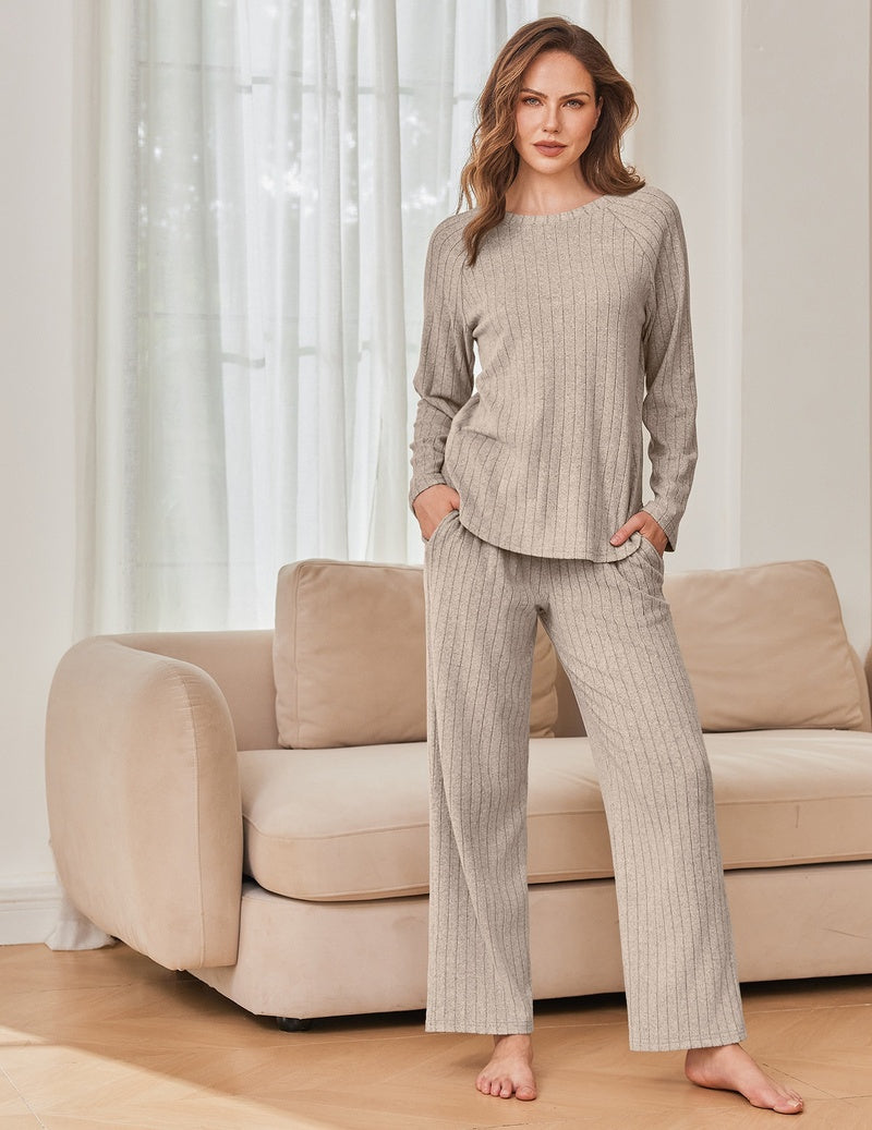 Light gray ribbed long-sleeve crew neck lounge set with high-low split hem top and pants