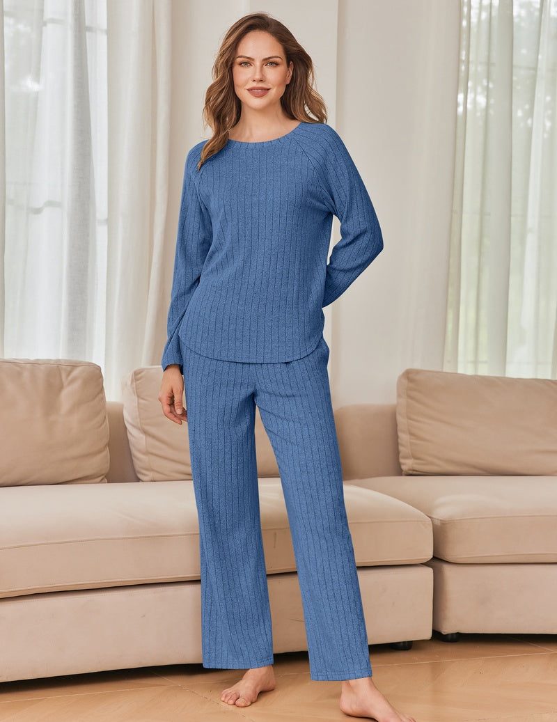 Blue ribbed knit lounge set, long-sleeve crewneck top and wide-leg pants.