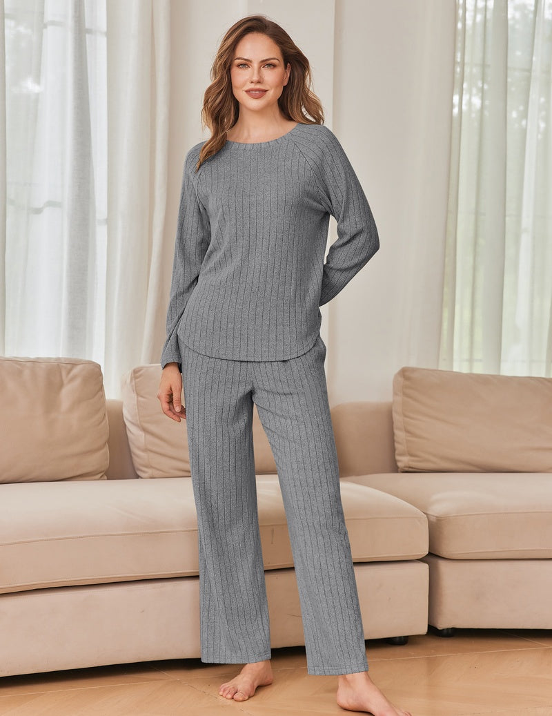 Gray ribbed knit lounge set featuring a long-sleeve crewneck top and wide-leg pants.