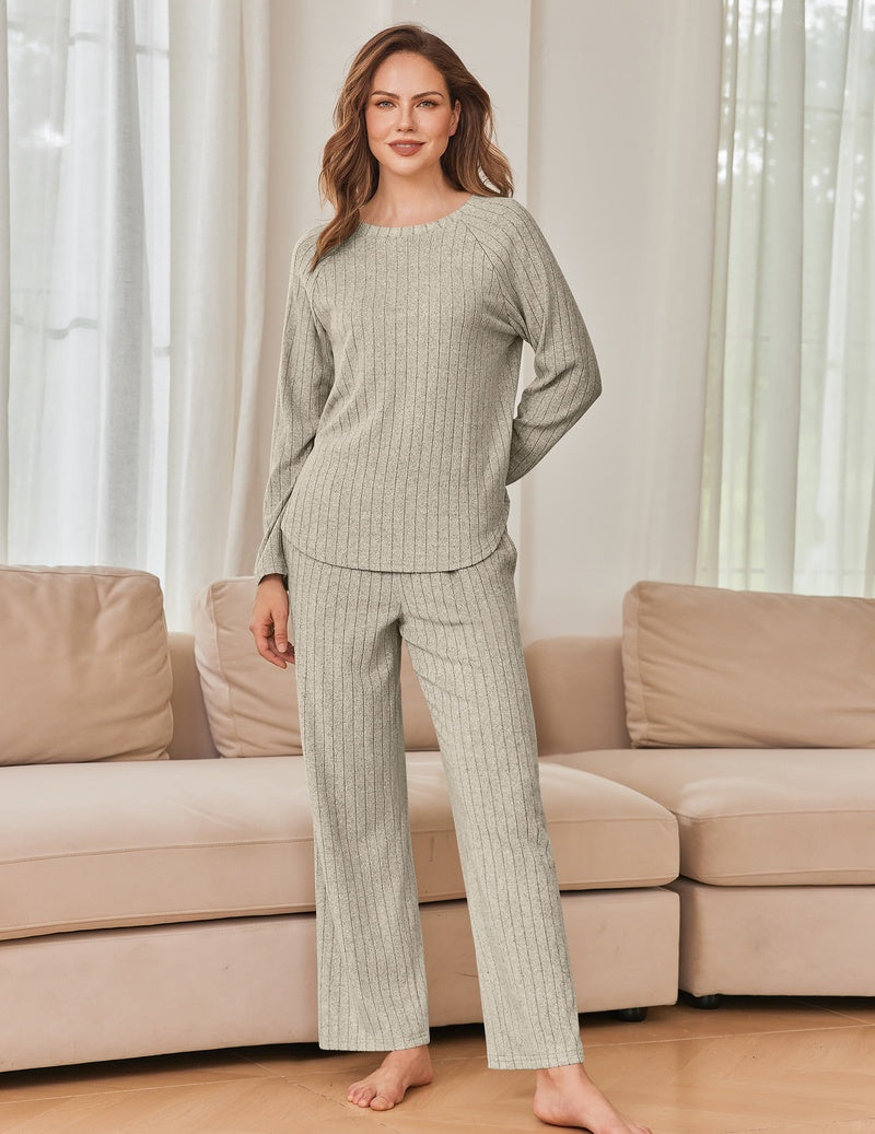 Light gray ribbed knit lounge set, long-sleeve crewneck top and wide-leg pants.