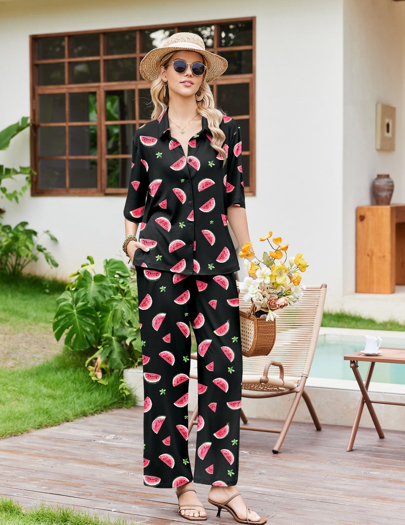 Black button-up short-sleeve pajama set with pink watermelon print long pants