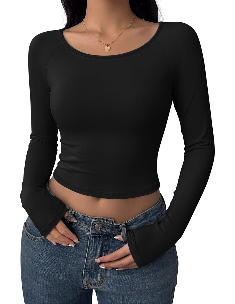 Black long sleeve scoop-neck crop top, slim fit