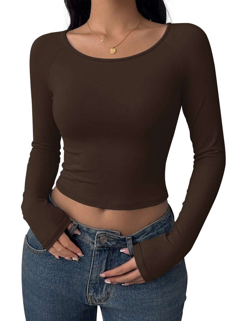 Brown long sleeve scoop-neck crop top, slim fit
