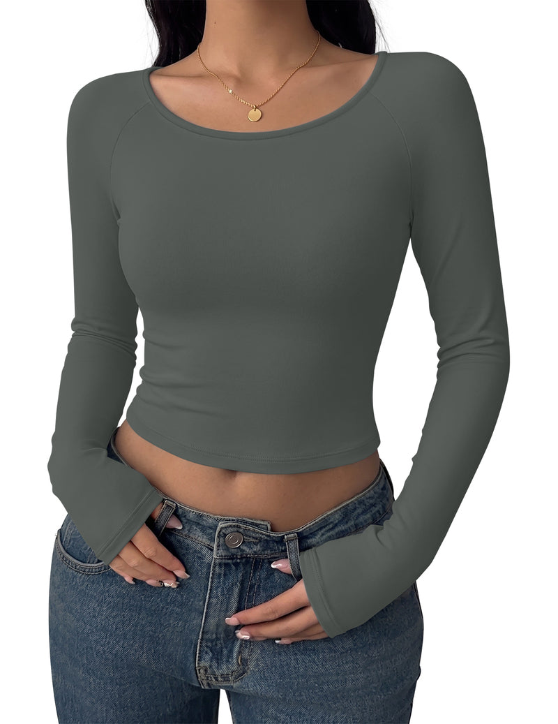 Olive green long sleeve scoop-neck crop top, slim fit