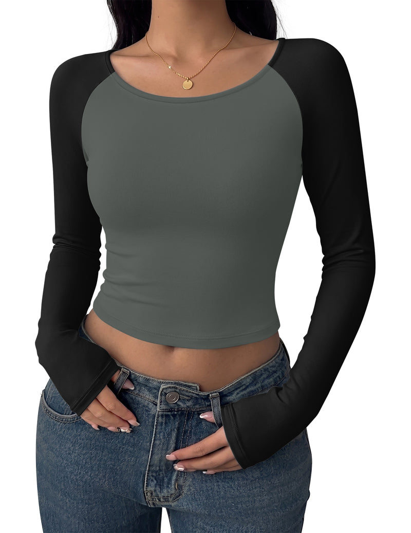 Dark gray long sleeve scoop-neck crop top with black sleeves