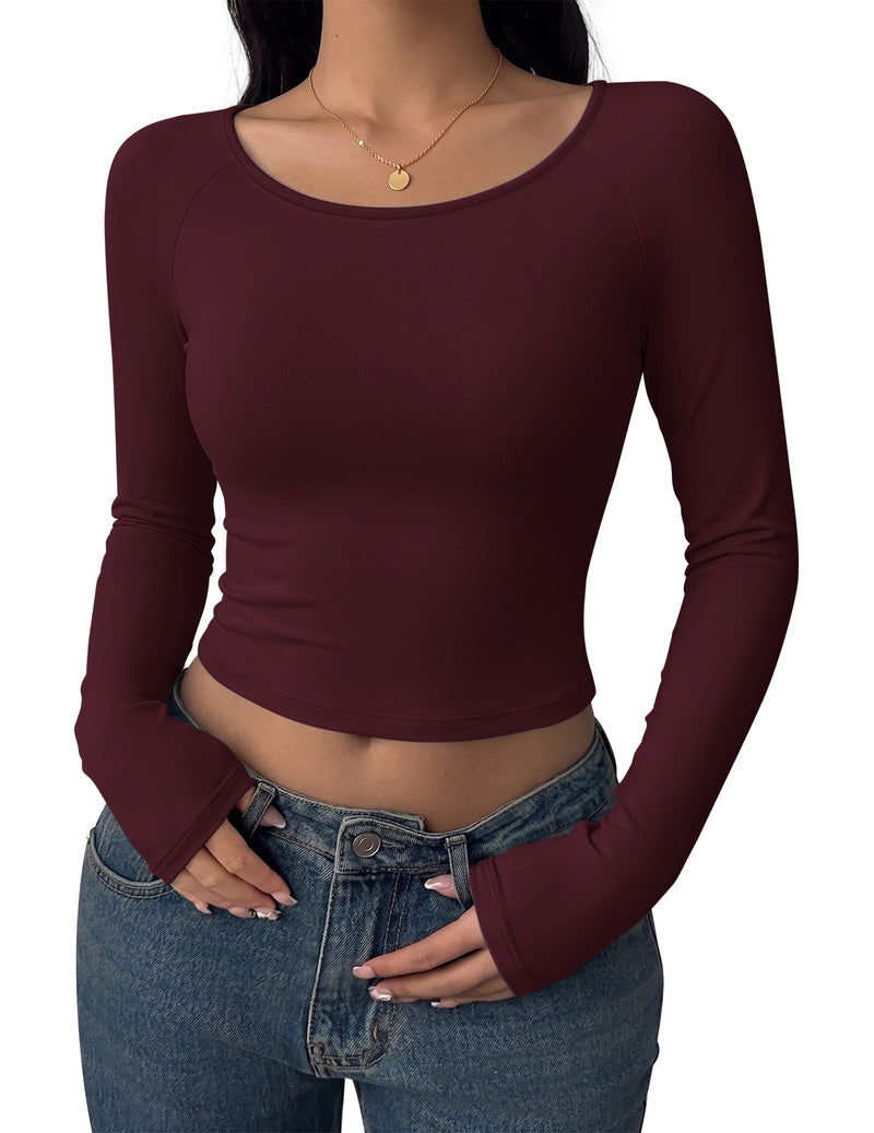 Maroon long sleeve scoop-neck crop top, slim fit