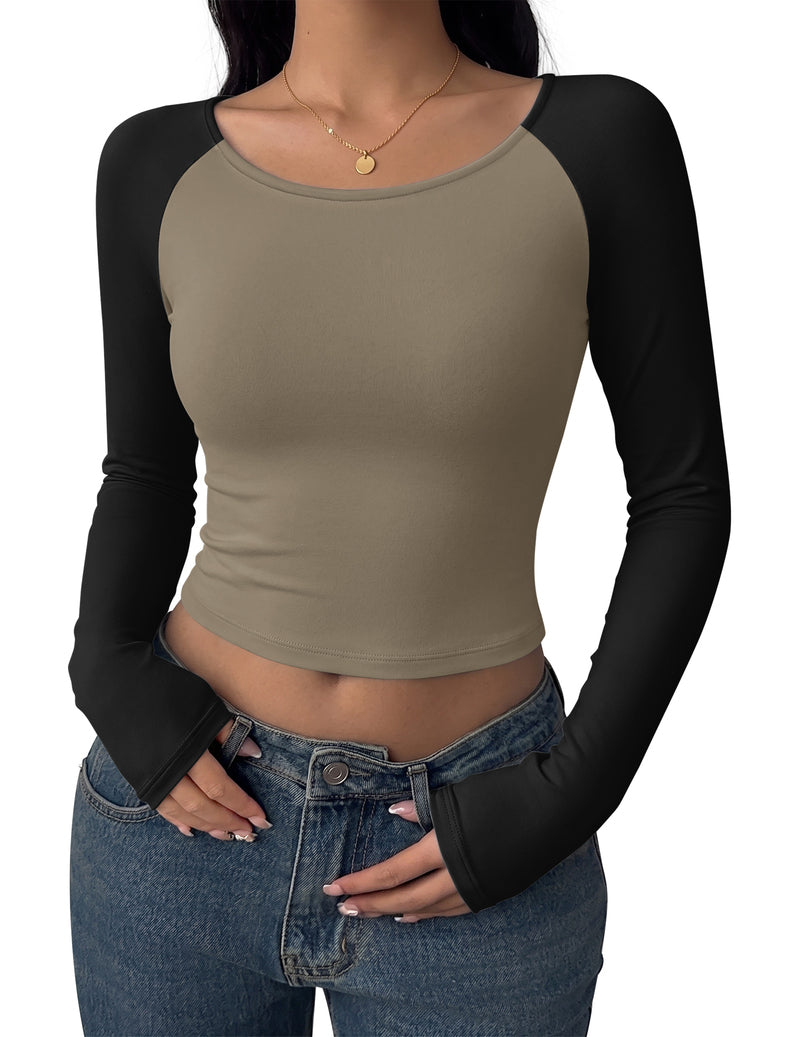 Two-tone long sleeve scoop-neck crop top, olive body with black sleeves