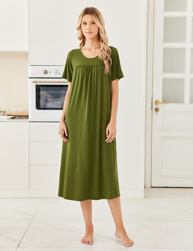 Bamboo Viscose Crew Neck Short Sleeve Pleated Long Nightgown