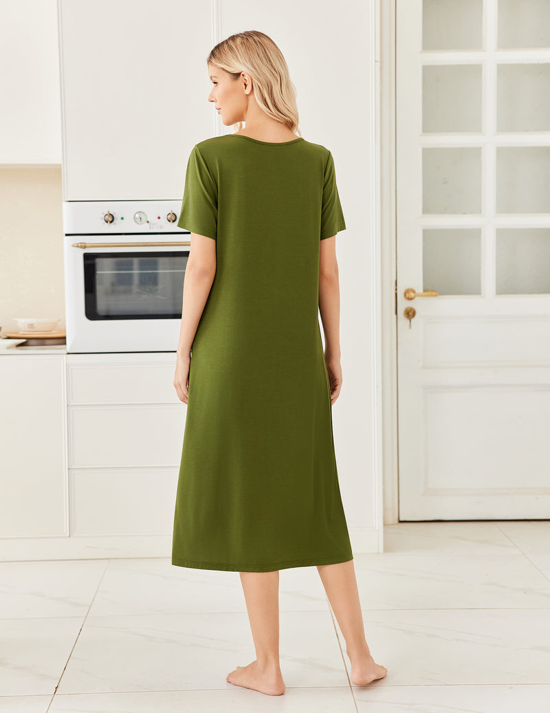 Bamboo Viscose Crew Neck Short Sleeve Pleated Long Nightgown