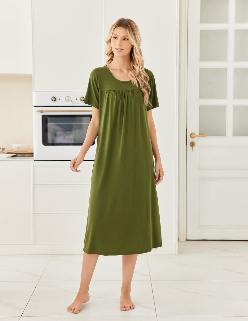 Bamboo Viscose Crew Neck Short Sleeve Pleated Long Nightgown