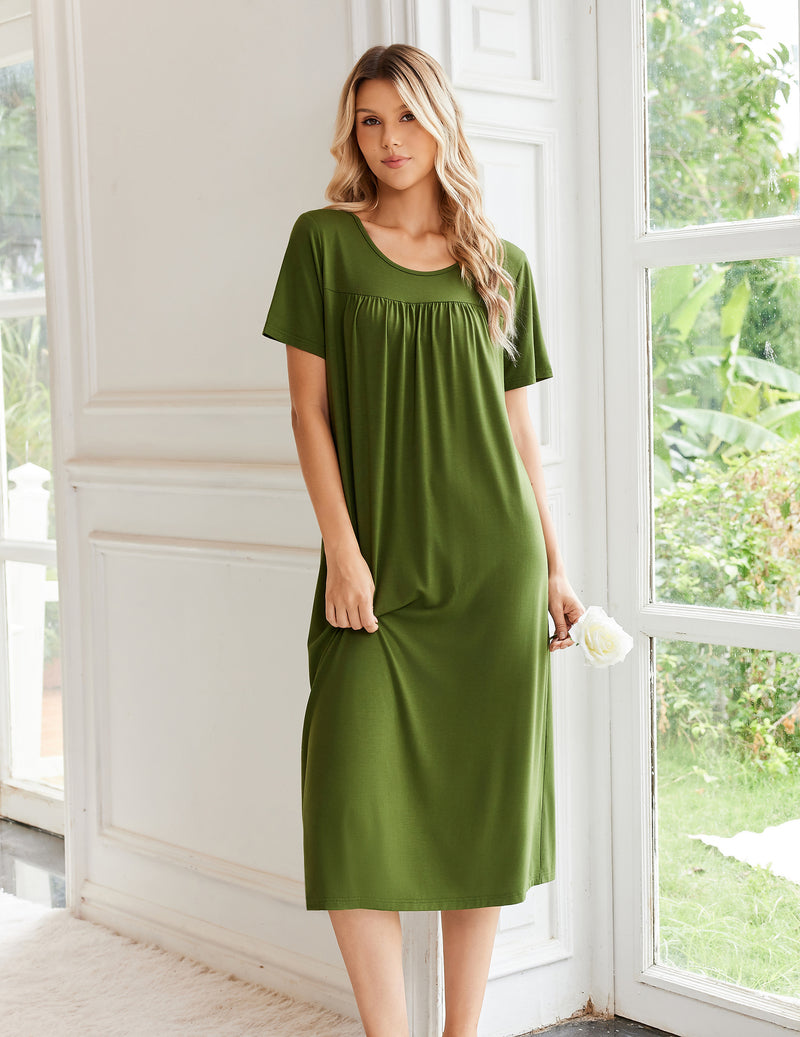 Bamboo Viscose Crew Neck Short Sleeve Pleated Long Nightgown