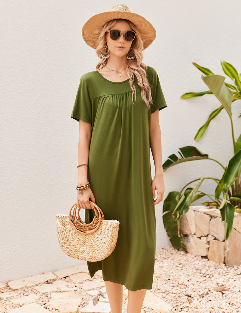 Bamboo Viscose Crew Neck Short Sleeve Pleated Long Nightgown