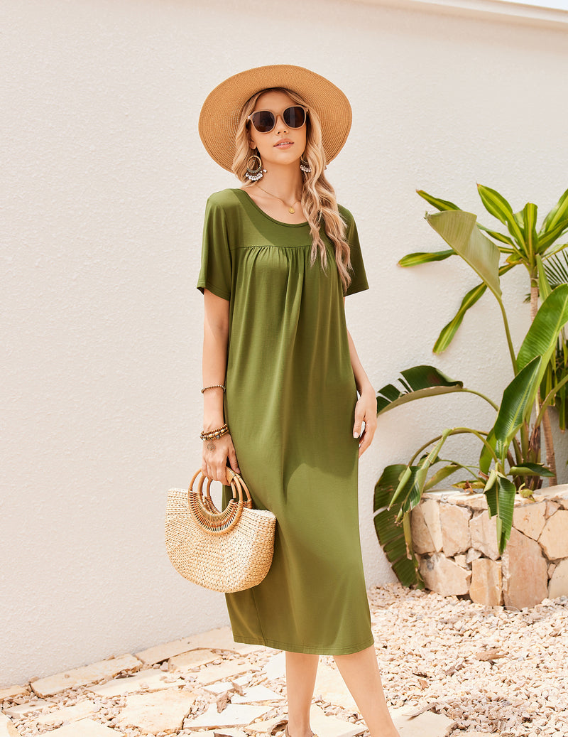 Bamboo Viscose Crew Neck Short Sleeve Pleated Long Nightgown