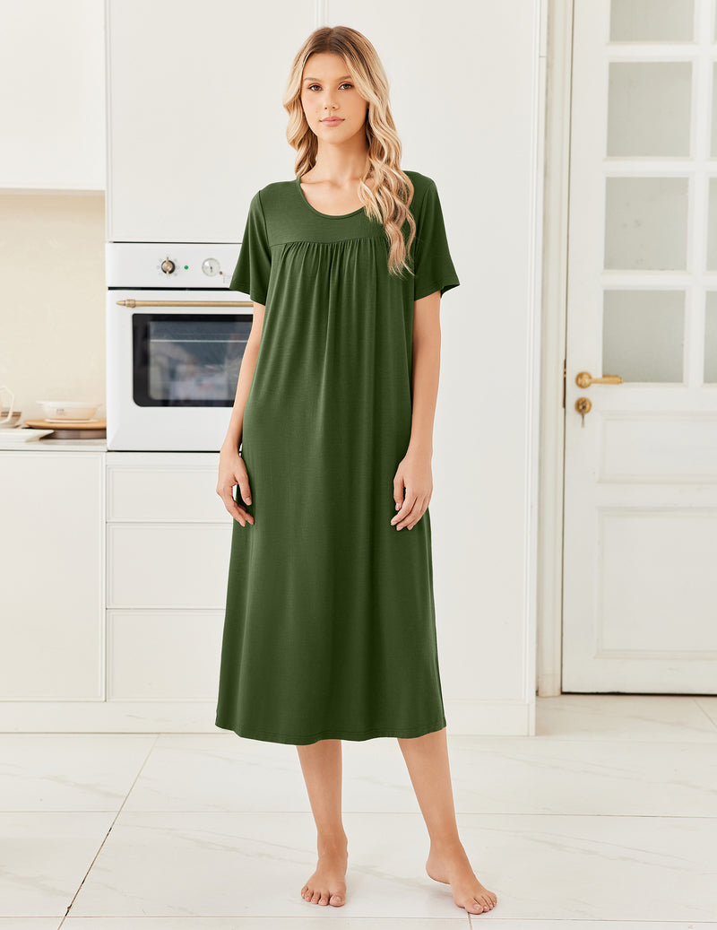 Bamboo Viscose Crew Neck Short Sleeve Pleated Long Nightgown