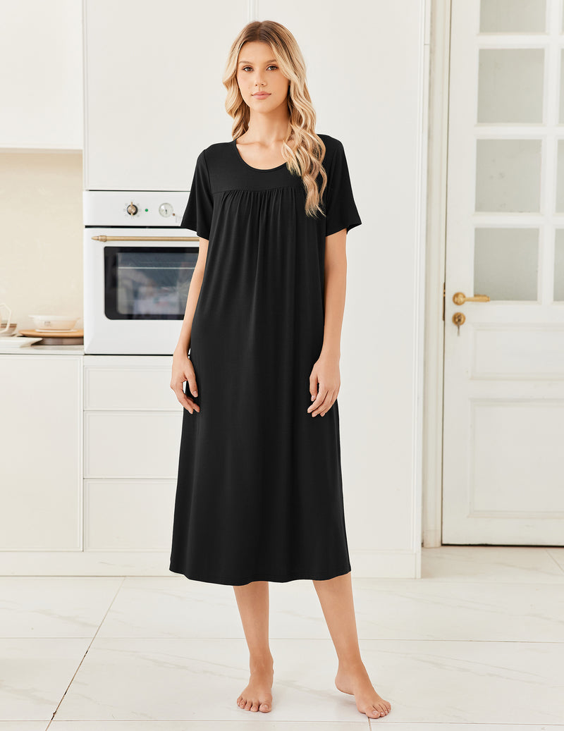 Bamboo Viscose Crew Neck Short Sleeve Pleated Long Nightgown