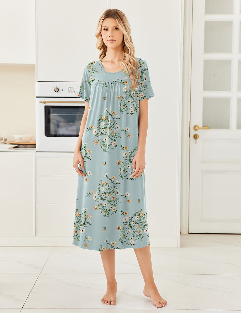 Bamboo Viscose Crew Neck Short Sleeve Pleated Long Nightgown