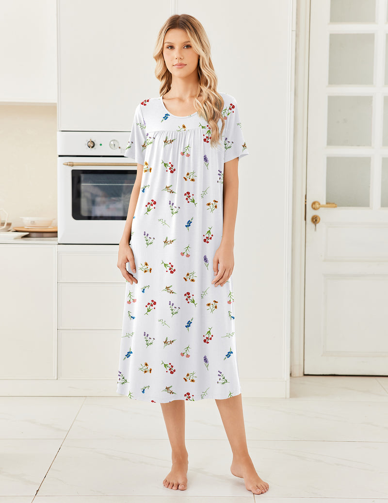 Bamboo Viscose Crew Neck Short Sleeve Pleated Long Nightgown