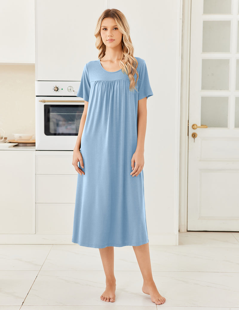 Bamboo Viscose Crew Neck Short Sleeve Pleated Long Nightgown