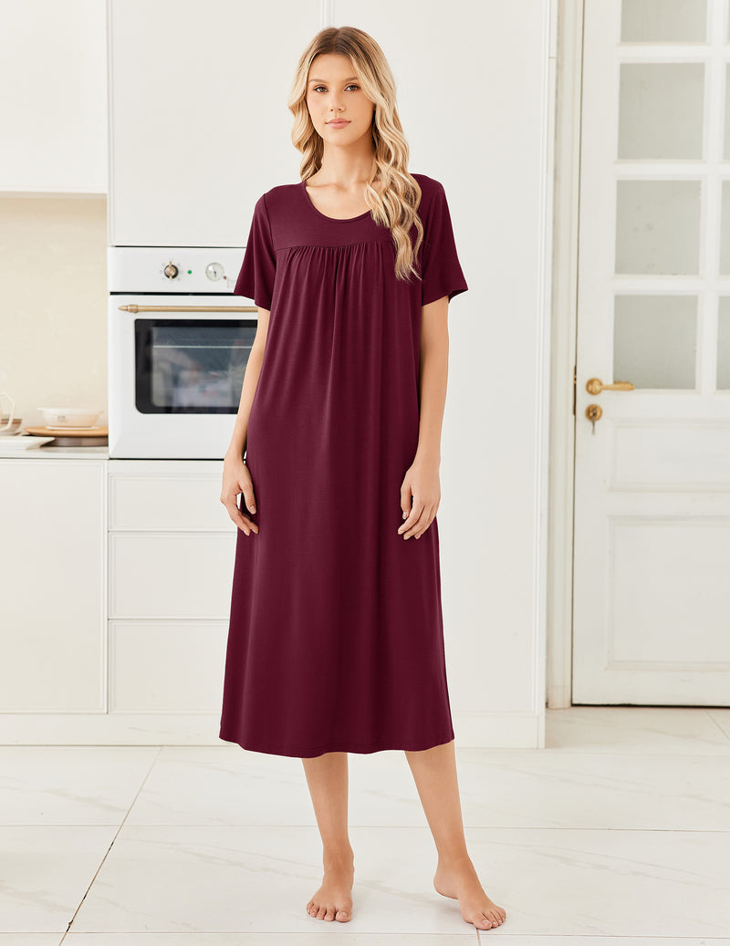 Bamboo Viscose Crew Neck Short Sleeve Pleated Long Nightgown
