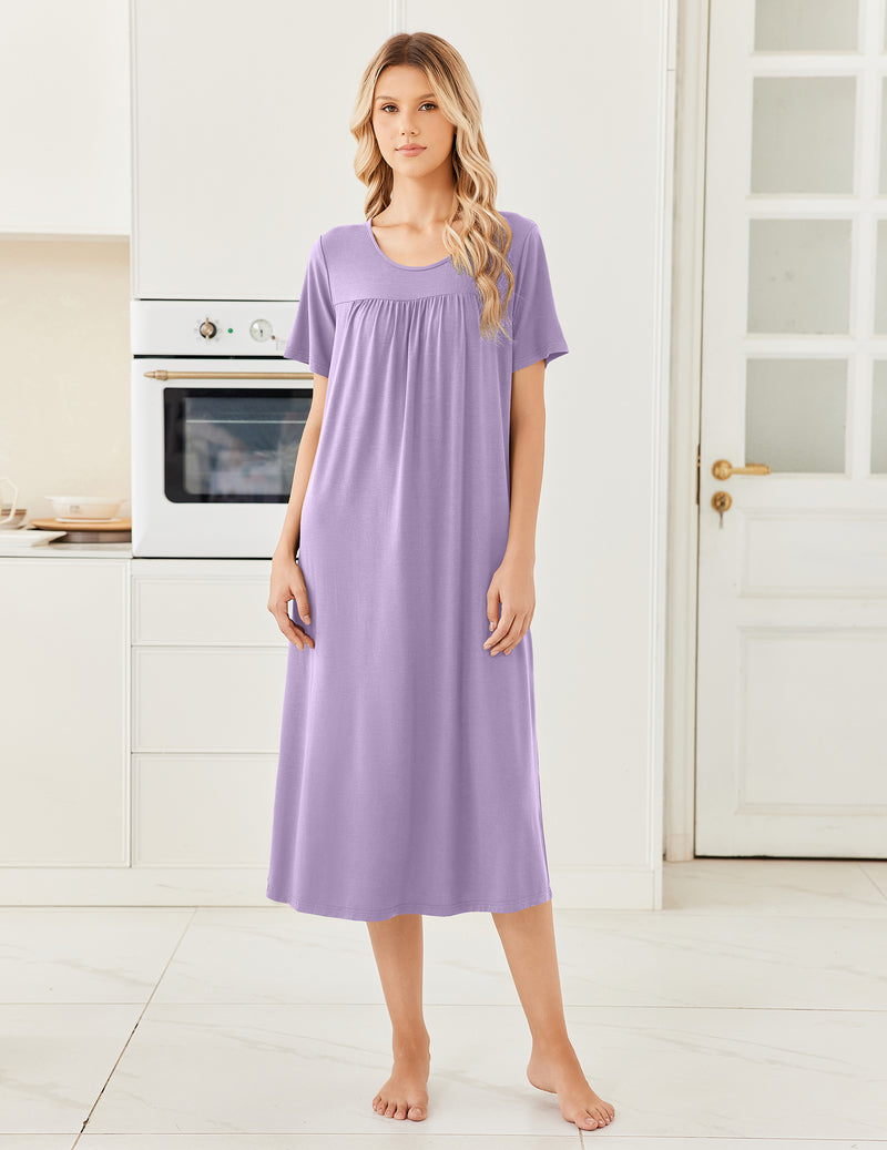 Bamboo Viscose Crew Neck Short Sleeve Pleated Long Nightgown