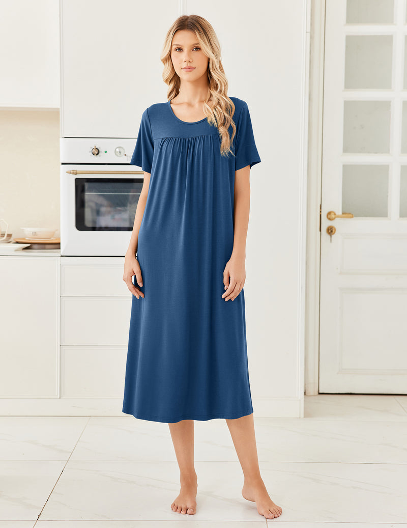 Bamboo Viscose Crew Neck Short Sleeve Pleated Long Nightgown