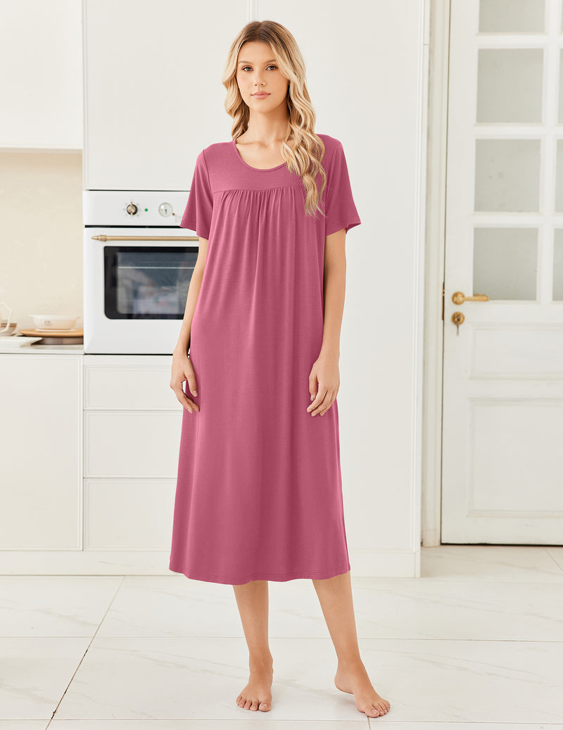 Bamboo Viscose Crew Neck Short Sleeve Pleated Long Nightgown