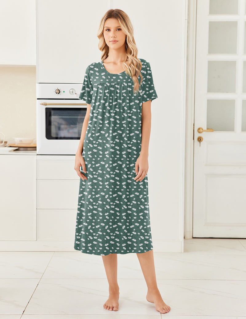 Bamboo Viscose Crew Neck Short Sleeve Pleated Long Nightgown