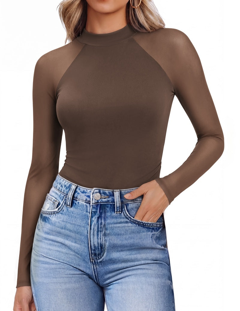 Sheer mesh lace mock turtleneck top, brown, raglan long sleeves