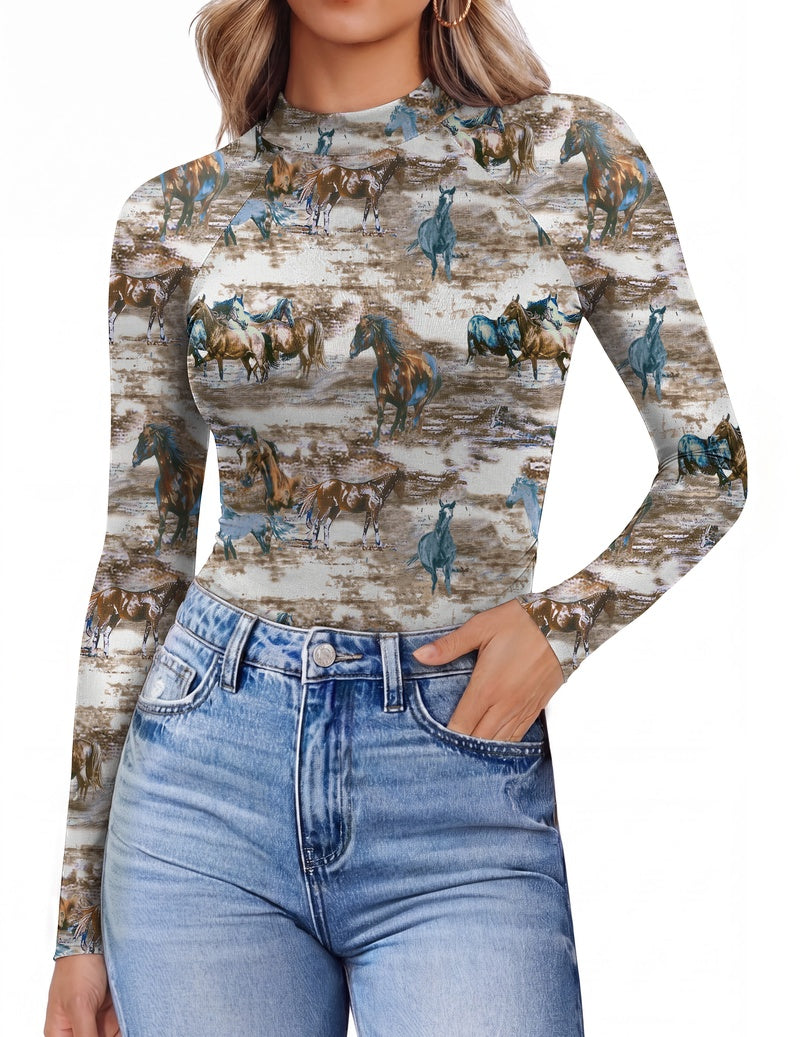Sheer mesh lace mock turtleneck top, horse print, raglan long sleeves