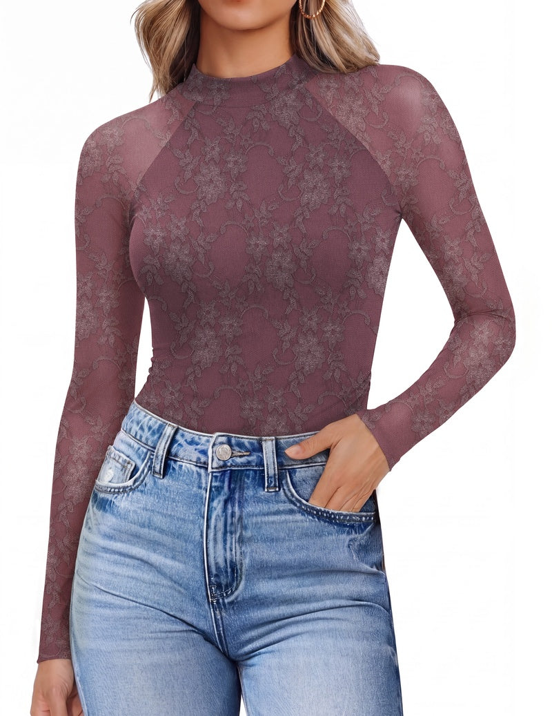Sheer mesh lace mock turtleneck top, maroon floral lace, raglan long sleeves