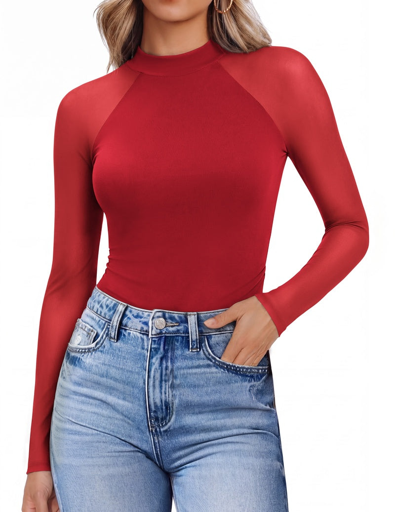 Sheer mesh lace mock turtleneck top, red, raglan long sleeves