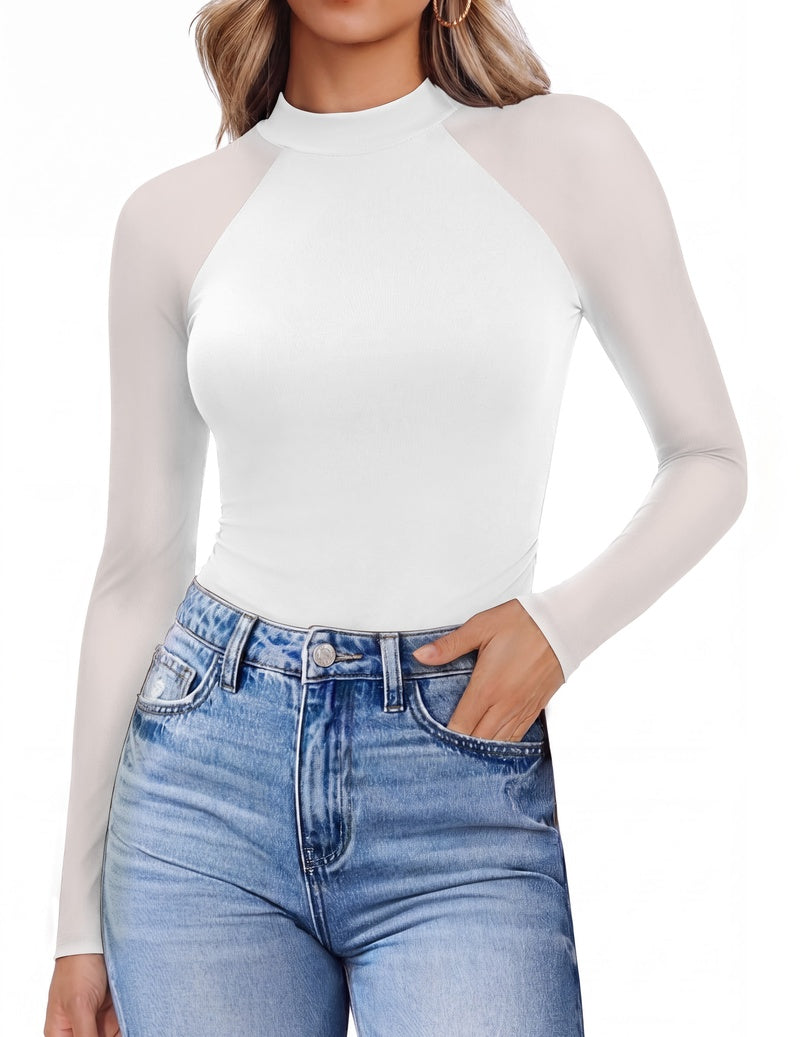 Sheer mesh mock turtleneck raglan long sleeve top, white