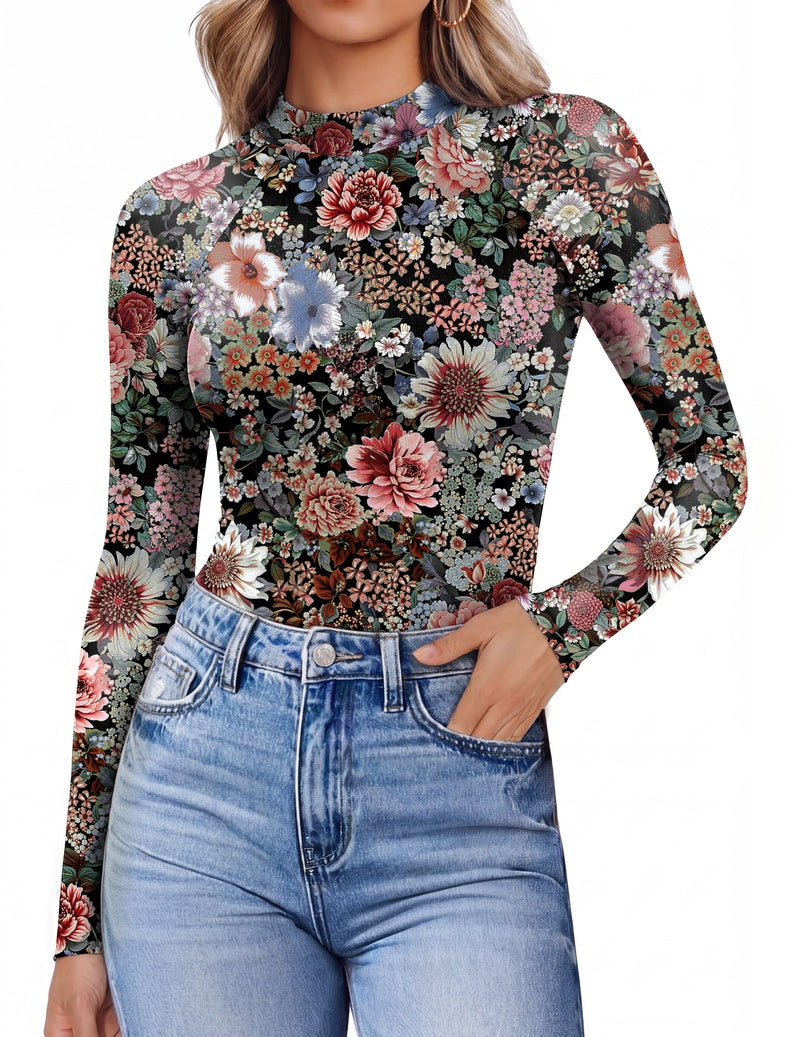 Sheer mesh mock turtleneck raglan long sleeve top, dark floral print