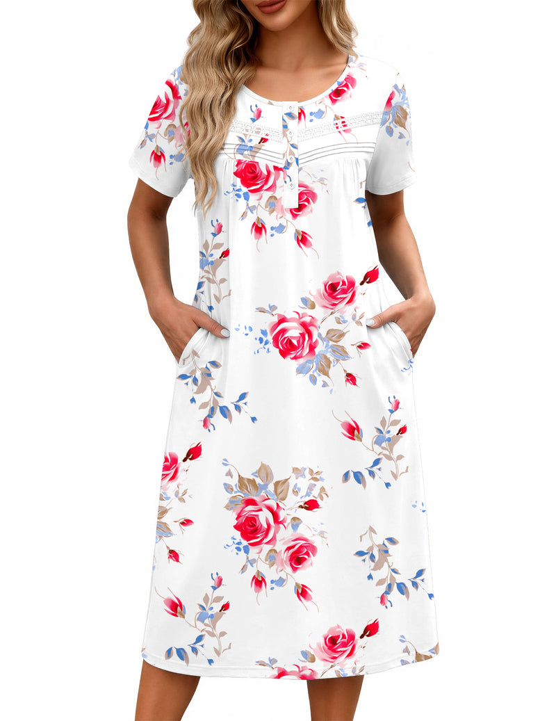 Ekouaer Floral Nightgown Women Short Sleeve Button House Dress