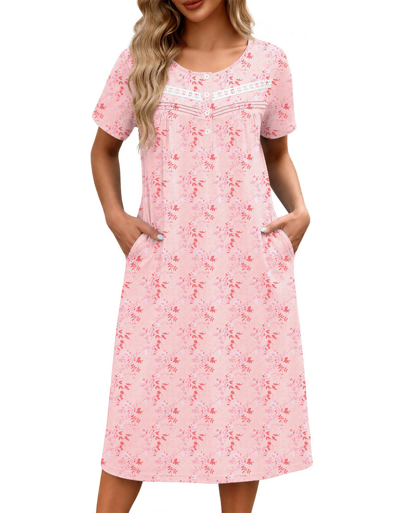 Ekouaer Floral Nightgown Women Short Sleeve Button House Dress