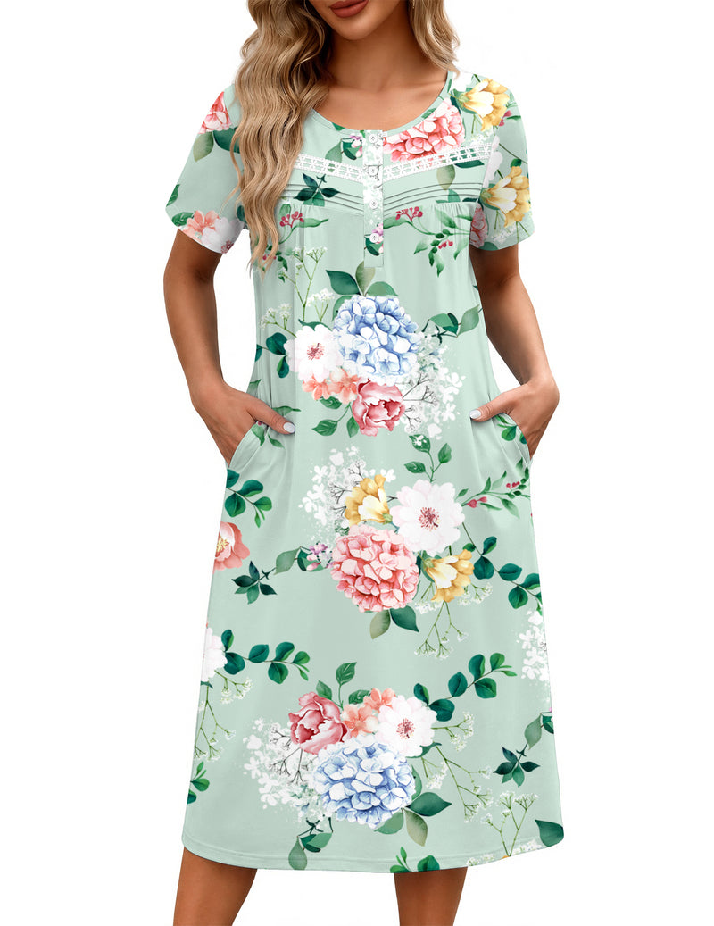 Ekouaer Floral Nightgown Women Short Sleeve Button House Dress