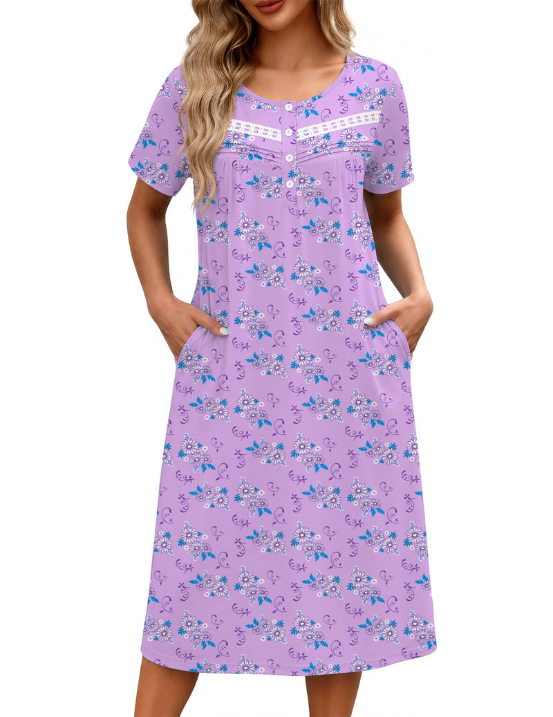 Ekouaer Floral Nightgown Women Short Sleeve Button House Dress