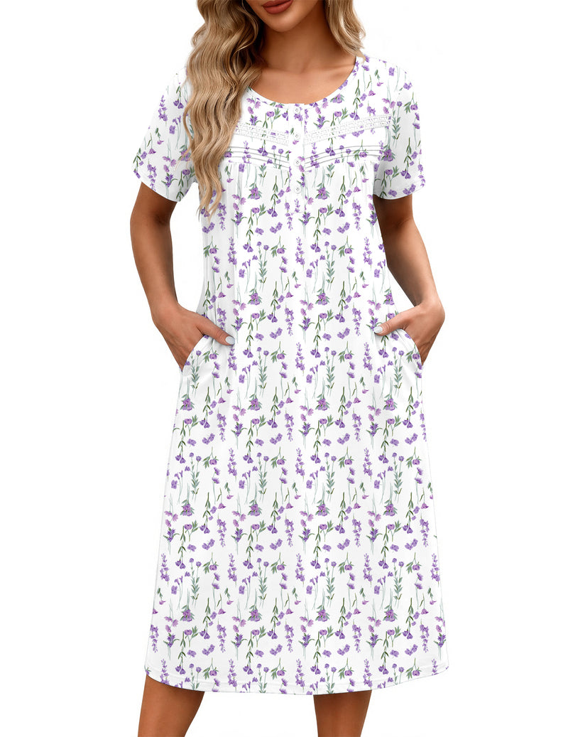 Ekouaer Floral Nightgown Women Short Sleeve Button House Dress