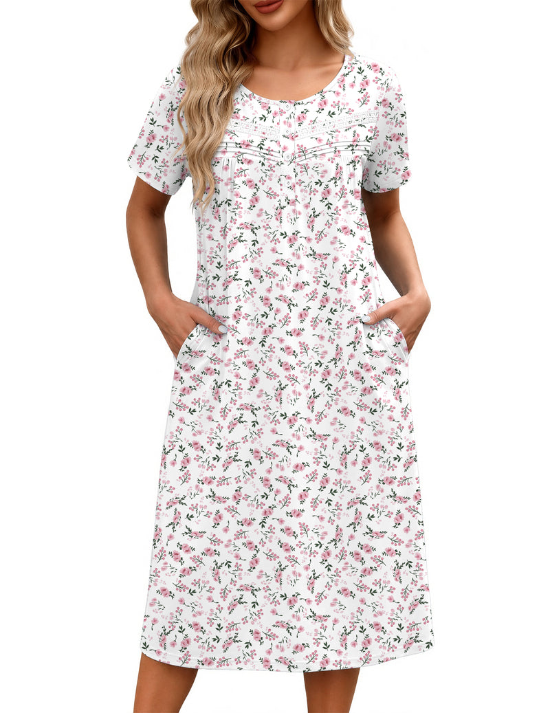 Ekouaer Floral Nightgown Women Short Sleeve Button House Dress