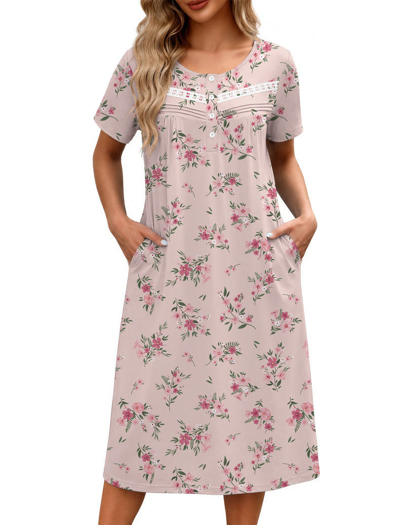 Ekouaer Floral Nightgown Women Short Sleeve Button House Dress
