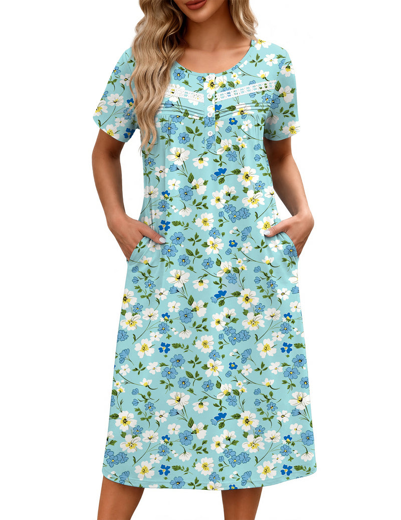 Ekouaer Floral Nightgown Women Short Sleeve Button House Dress