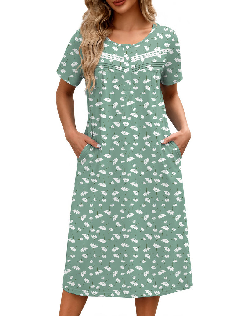 Ekouaer Floral Nightgown Women Short Sleeve Button House Dress