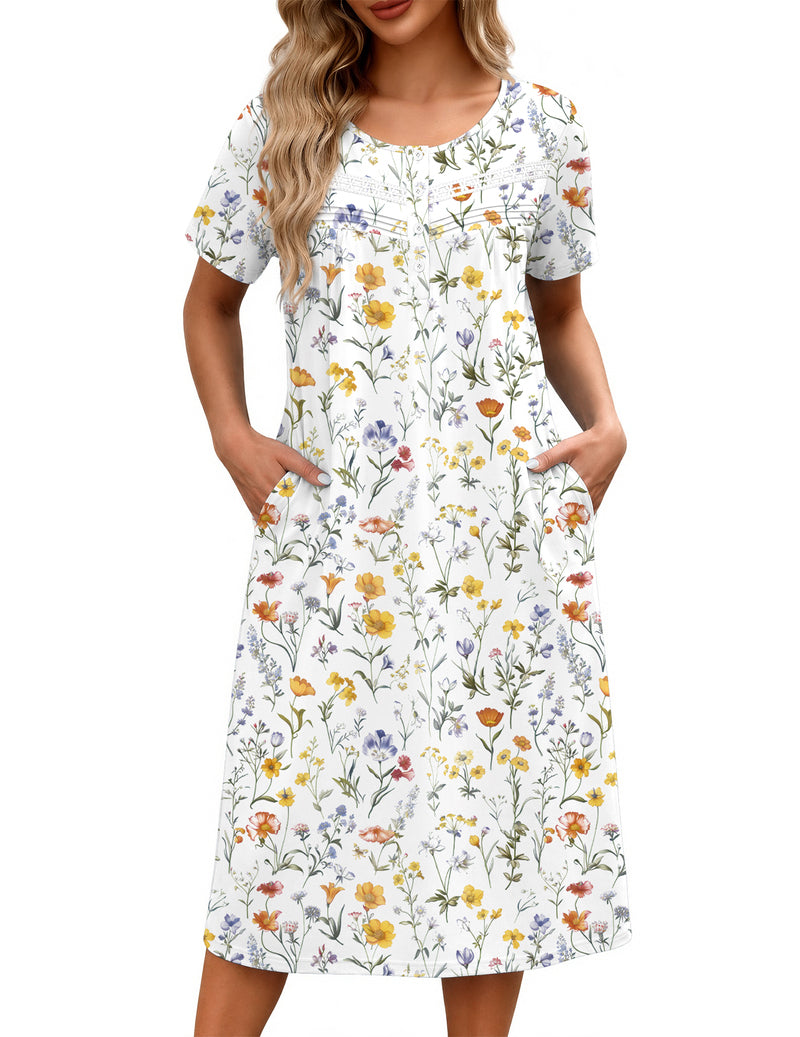 Ekouaer Floral Nightgown Women Short Sleeve Button House Dress