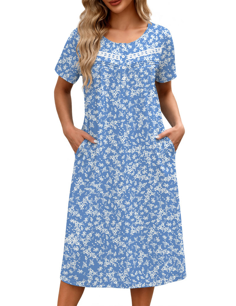 Ekouaer Floral Nightgown Women Short Sleeve Button House Dress