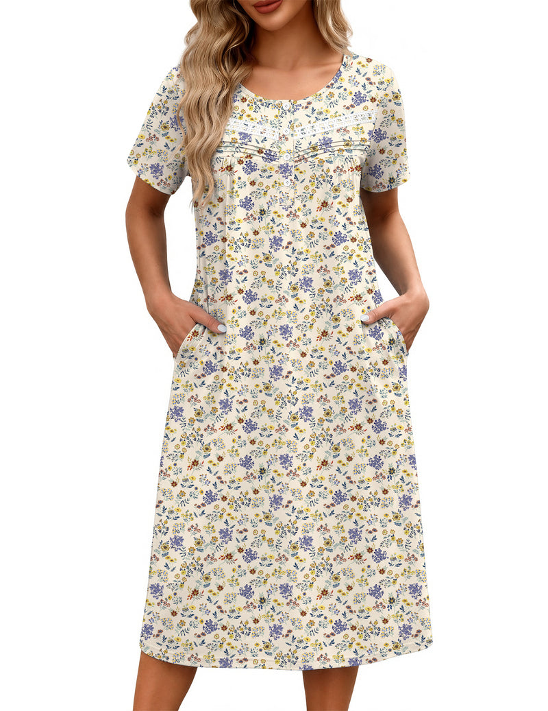 Ekouaer Floral Nightgown Women Short Sleeve Button House Dress