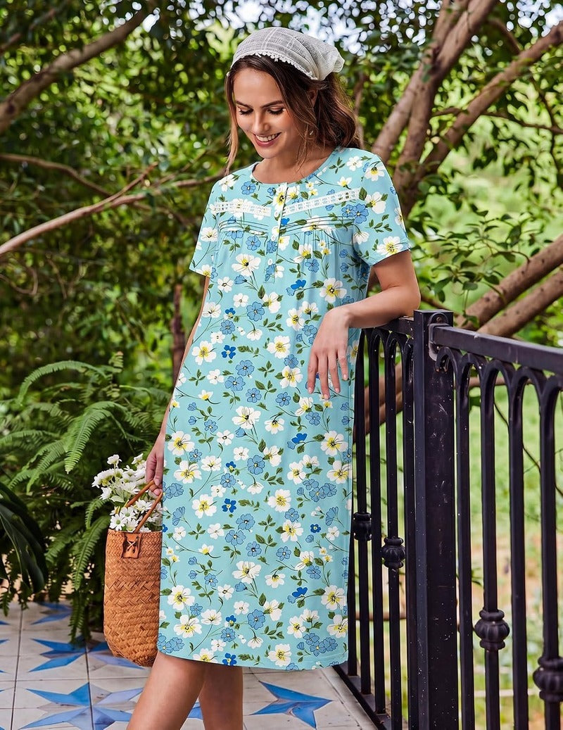 Ekouaer Floral Nightgown Women Short Sleeve Button House Dress