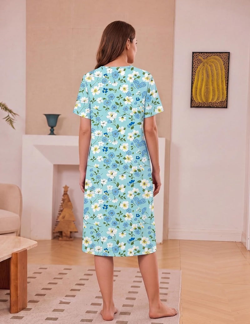 Ekouaer Floral Nightgown Women Short Sleeve Button House Dress