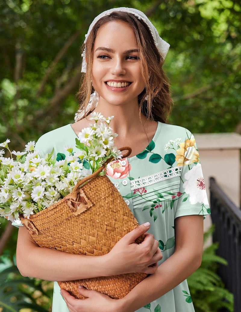 Ekouaer Floral Nightgown Women Short Sleeve Button House Dress
