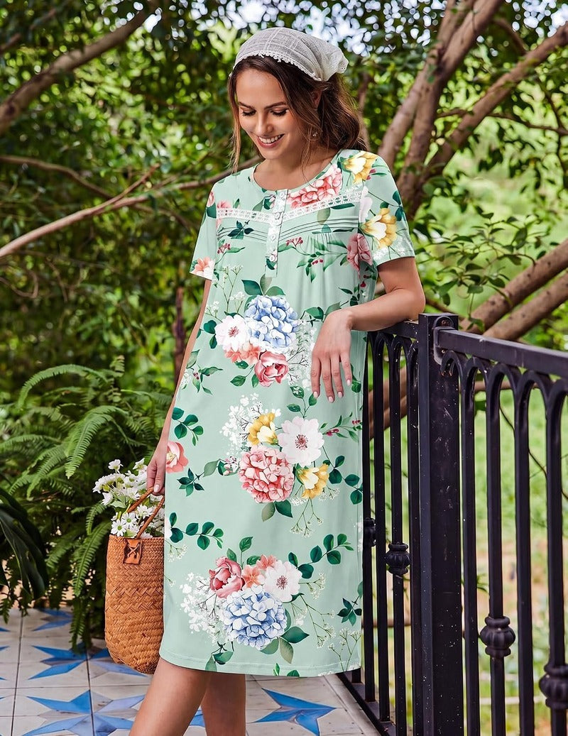 Ekouaer Floral Nightgown Women Short Sleeve Button House Dress